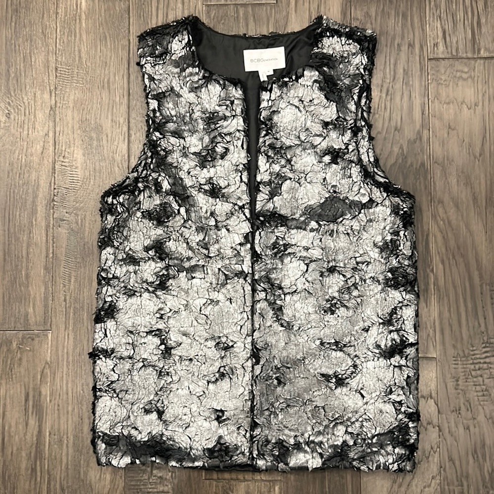 BCBG Faix Fur Silver Metallic Vest size M